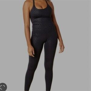 Beyond Yoga Shiny Black Heart Feminine Athleisure Bodycon Jumpsuit Size Small